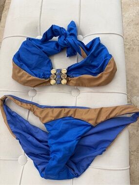 Beach bunny :Blue and Tan Women's Halter Bikini Set